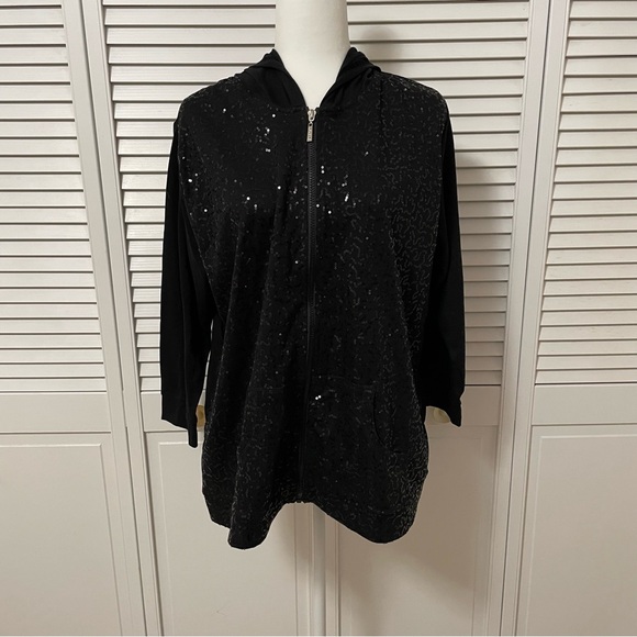 NWOT Quacker Factory XL Black 3/4 Sleeve Sequin Scroll Knit Jacket with Hood - Picture 2 of 15